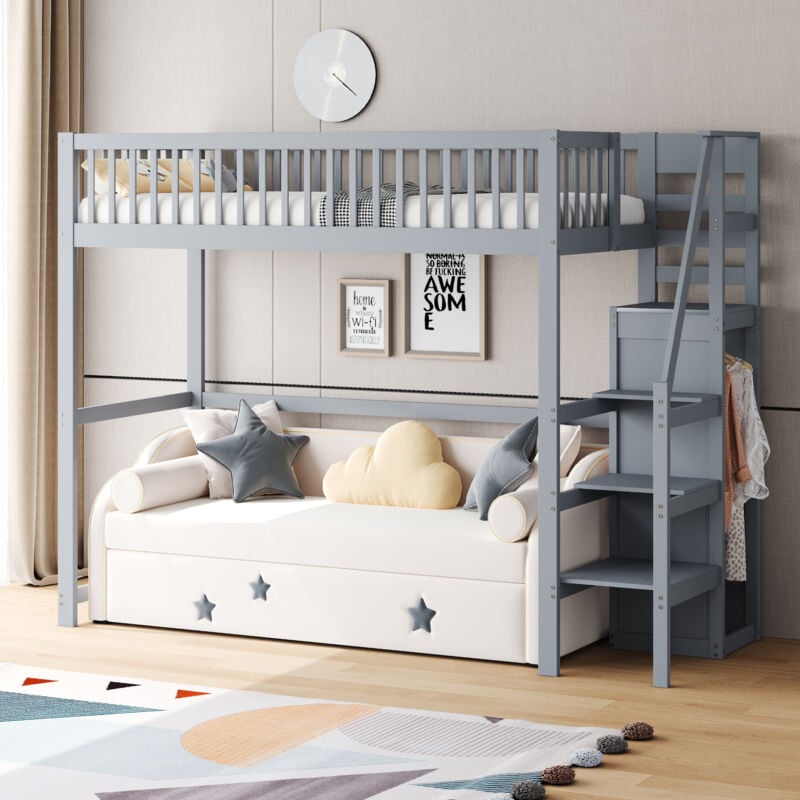 Okwish - Lit mezzanine 90x200 avec escalier, lit enfant en bois avec étagère de rangement, armoire simple gris