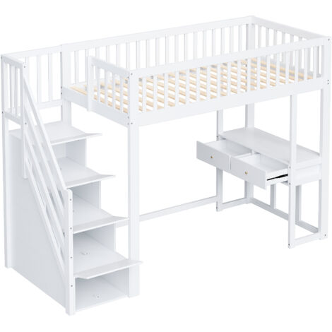 Lit Mezzanine 90x200 avec Table Multifonction, Escalier de Rangement Sécurisé, Cadre en Pin Massif pour Enfants et Adolescents Blanc