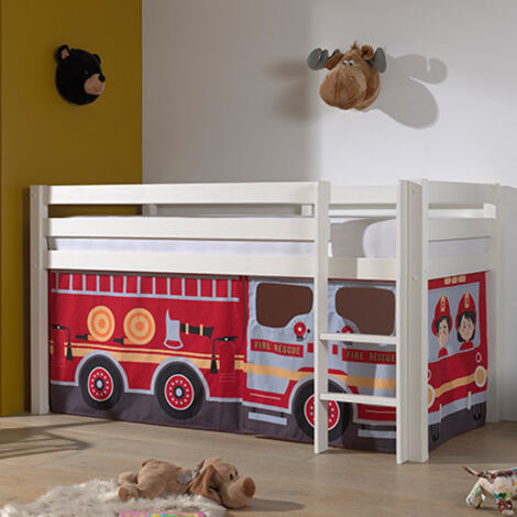 Lit mezzanine 90x200 avec tente camion pompier pin massif blanc Pino