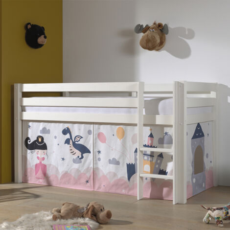 Lit mezzanine 90x200 avec tente château pin massif blanc Pino