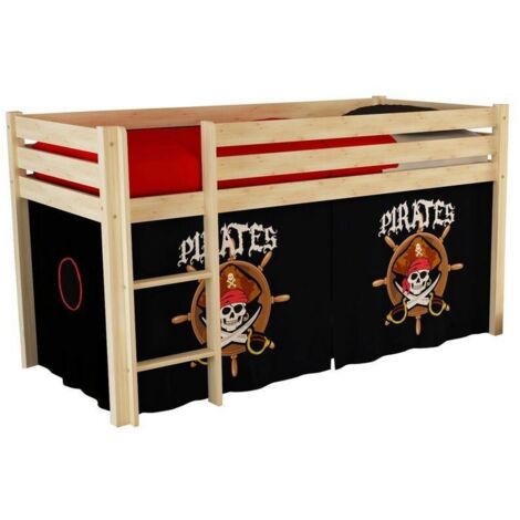 Lit mezzanine 90x200 avec tente pirate noir pin massif clair Pino