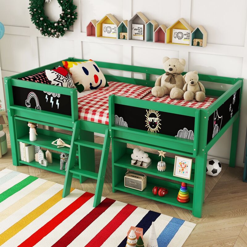 Lit mezzanine 90x200 cm, avec 2 tableau noir, escalier, étagères de rangement, sommier à lattes en bois, clôture de sécurité, lit enfant princesse