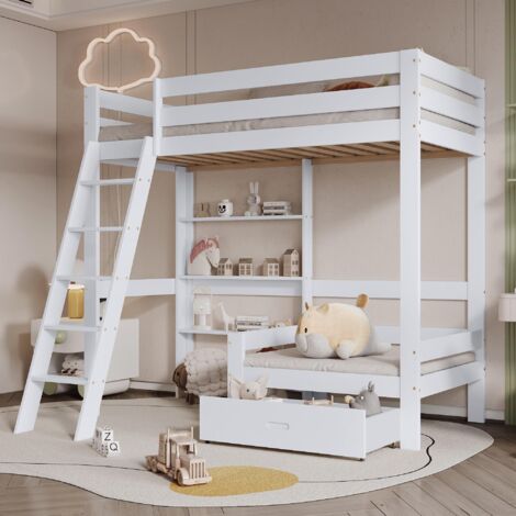 Lit mezzanine 90x200 cm, avec 4 étagères, canapé, tiroir, sommier à lattes, Lit enfant - Blanc