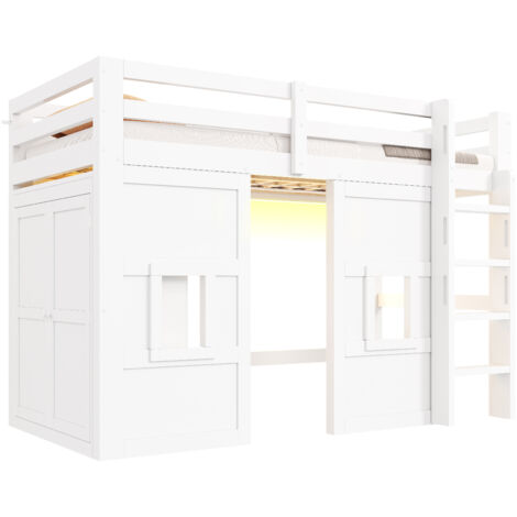 Lit mezzanine 90x200 cm avec armoire intégrée 2 fenêtres éclairage led, lit cabane gain de place chambre enfant ado, structure bois blanc