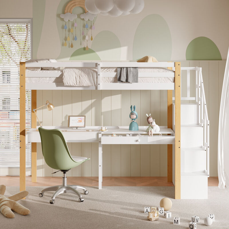 Dans Les Nuages - Lit mezzanine 90x200 cm, avec Bureau, 2 tiroir, étagères, escalier de rangement, sommier à lattes, clôture de sécurité, Lit enfant