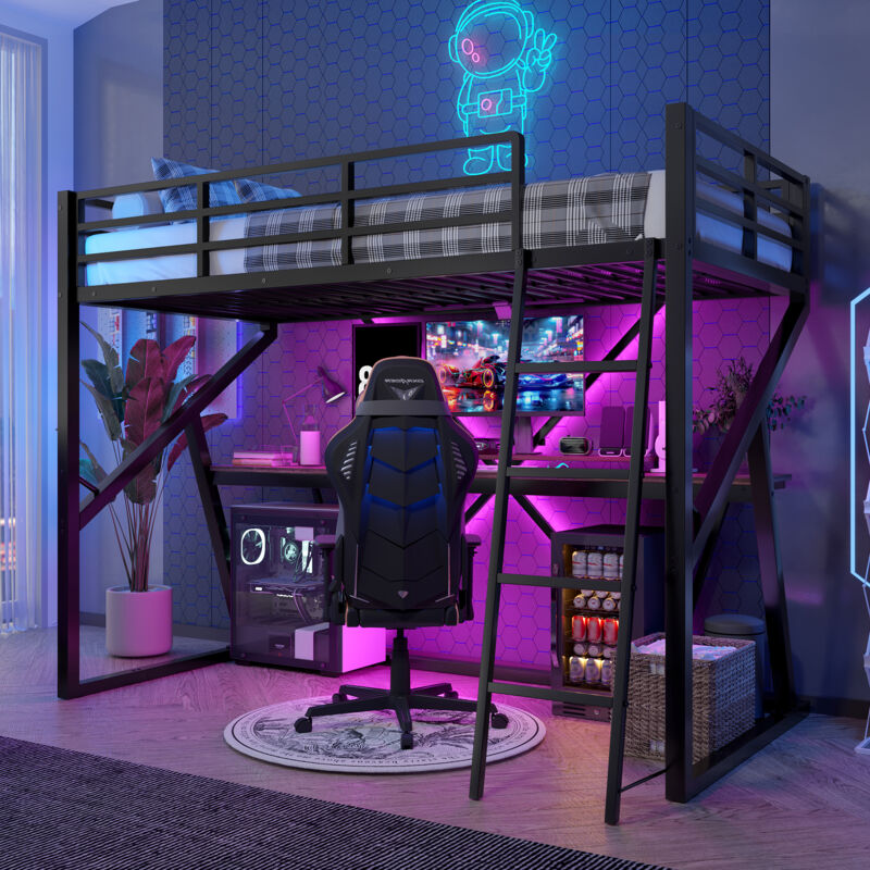Lit Mezzanine 90x200 cm avec Bureau, Échelle, Garde-Corps et Éclairage LED - Pour Chambre Enfant et Espaces Optimisés
