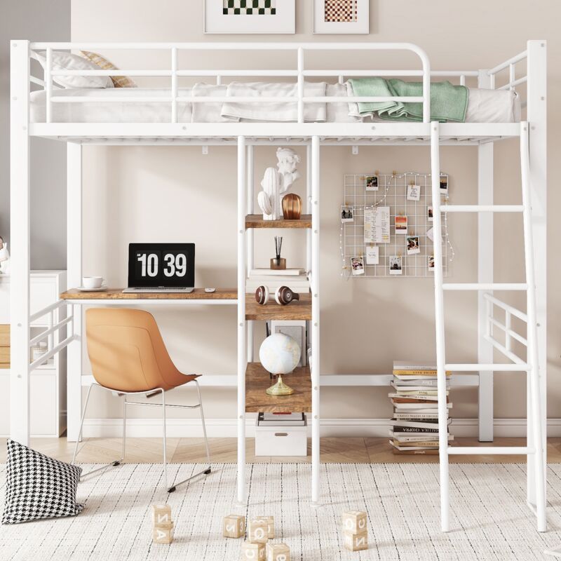 Lit mezzanine 90x200 cm, avec bureau, escalier, étagères de rangement, sommier à lattes en métal, clôture de sécurité, lit enfant princesse - Blanc