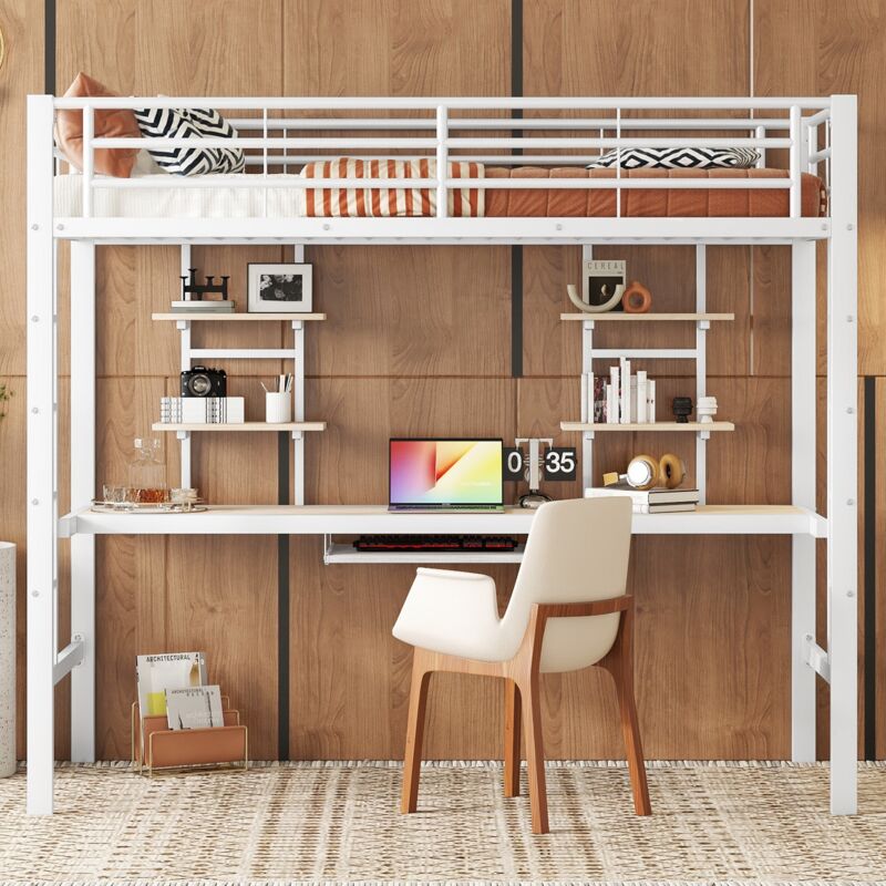 Lit mezzanine 90x200 cm - avec bureau et deux étagères, barrière de sécurité, cadre de lit en métal pour enfants, adolescents et adultes - Blanc