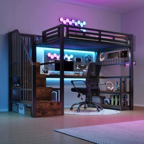 Lit Mezzanine 90x200 cm avec Bureau et Escalier de Rangement, Cadre Métal Noir, LED, USB & Type-C, Étagères (Sans Matelas)