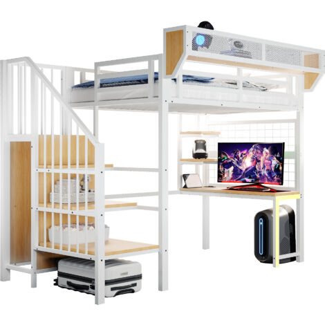 Lit mezzanine 90x200 cm avec bureau étagère filet de rangement prise électrique éclairage led, lit adulte échelle sécurisée barrière haute, blanc