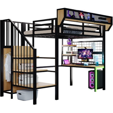 Lit mezzanine 90x200 cm avec bureau étagère filet de rangement prise électrique éclairage led, lit adulte échelle sécurisée barrière haute, noir