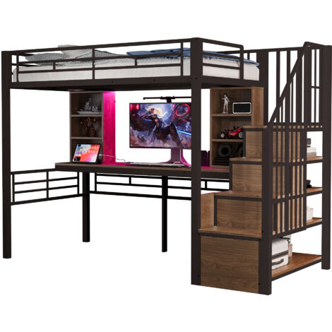 Lit mezzanine 90x200 cm avec bureau étagère prise européenne éclairage led, escalier rangement intégré montage, barrière haute sécurité, noir