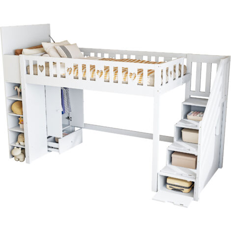 Lit Mezzanine 90x200 Cm Avec Échelle De Rangement Blanc