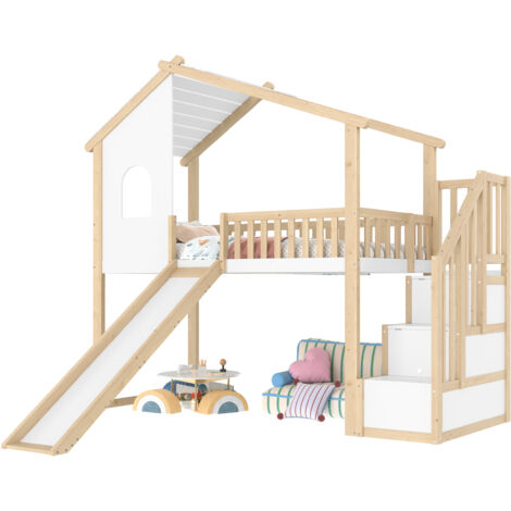 Lit mezzanine 90x200 cm - avec échelles de rangement - avec toboggan et barrières - bois+blanc