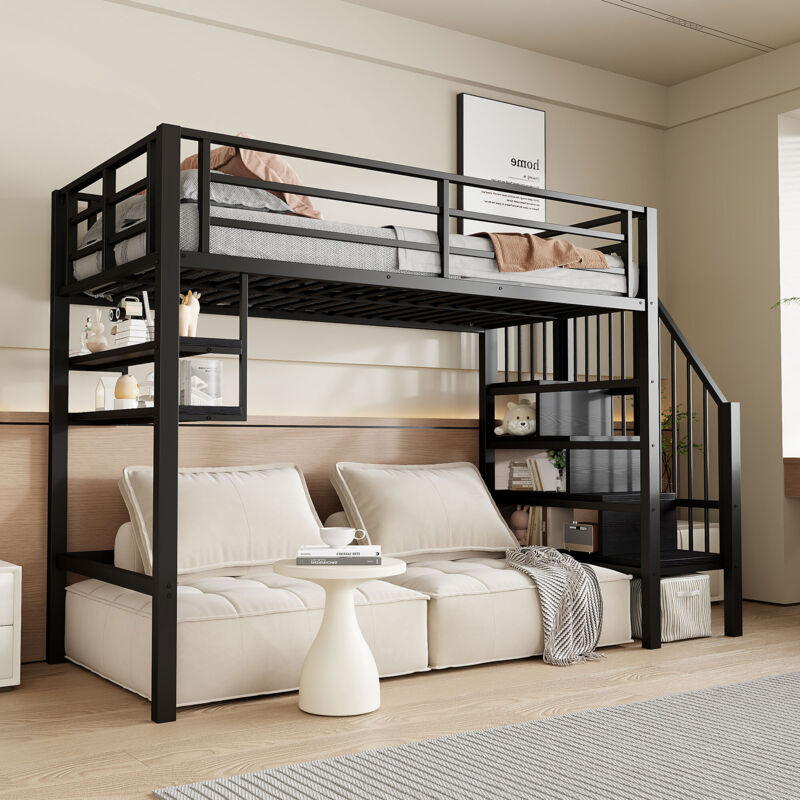 Lit mezzanine 90x200 cm avec étagères, échelle de rangement, espace sous le lit, barrière de sécurité, noir(sans matelas)