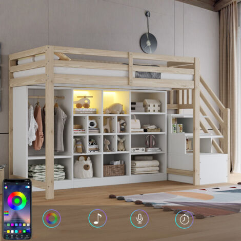 Lit mezzanine 90x200 cm avec LED et échelle latérale intégrée, Lit Enfant en Bois avec Rangements (multi-fentes + armoire), Lit en Hauteur, bois