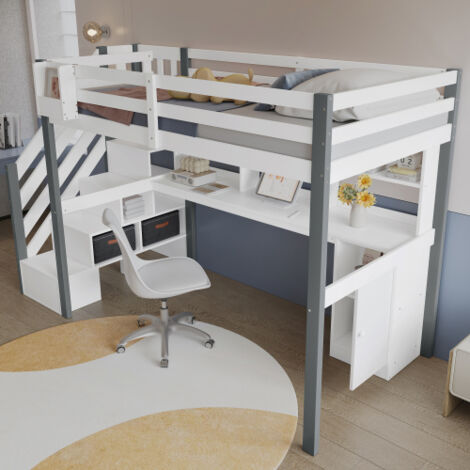 Lit mezzanine 90x200 cm avec meuble de rangement, bureau, étagères ouvertes, échelle latérale, sans matelas, blanc et gris