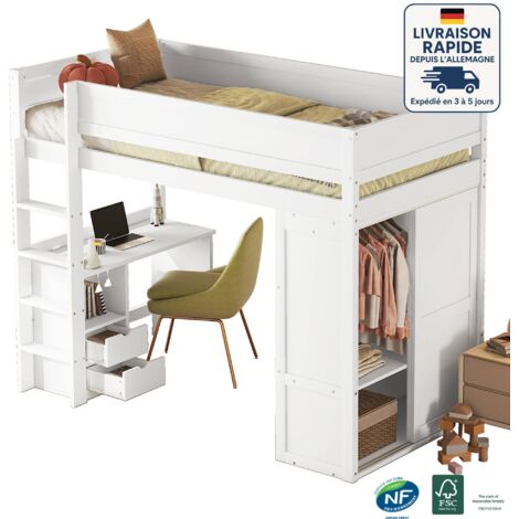 Lit mezzanine 90x200 cm avec penderie, bureau avec 2 tiroirs, lit simple pour enfant sans matelas, pin, blanc