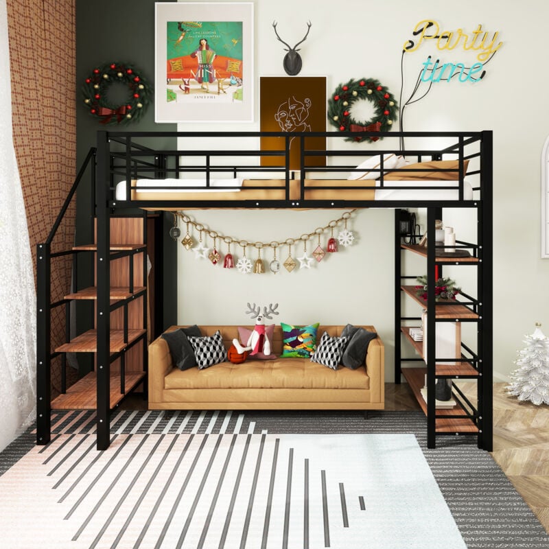 Modernluxe - Lit mezzanine 90x200 cm - avec petite armoire et étagères de rangement - Noir