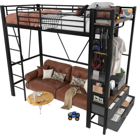 Lit mezzanine 90x200 cm avec rangement intégré 4 tiroirs + étagères, séchoir - prises USB - Type-C et bandeau LED - métal - Noir