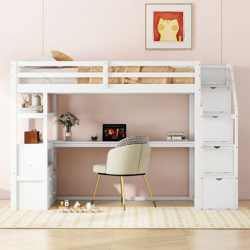 Tanant - Lit mezzanine enfants 90x200 cm, avec sommier et table, échelle de rangement, 2 tiroirs, cadre à lattes, lit mezzanine enfant, Blanc