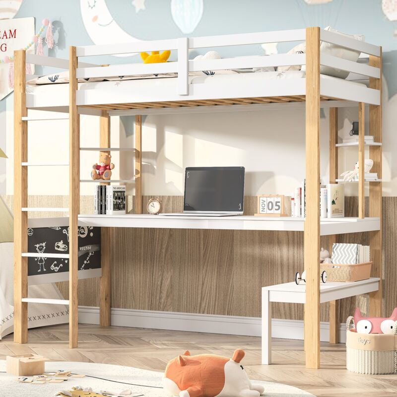 Lit mezzanine 90x200 cm, avec table et bibliothèque, échelle droite, grille antichute, sommier à lattes, pin, adapté aux adolescents et enfants