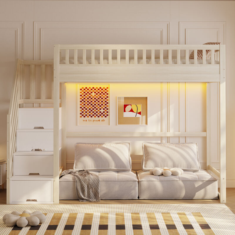 Lit mezzanine 90x200 cm bois pin naturel, échelle sécurité réversible, barrières, éclairage LED, pour enfant, bois massif pin, naturel