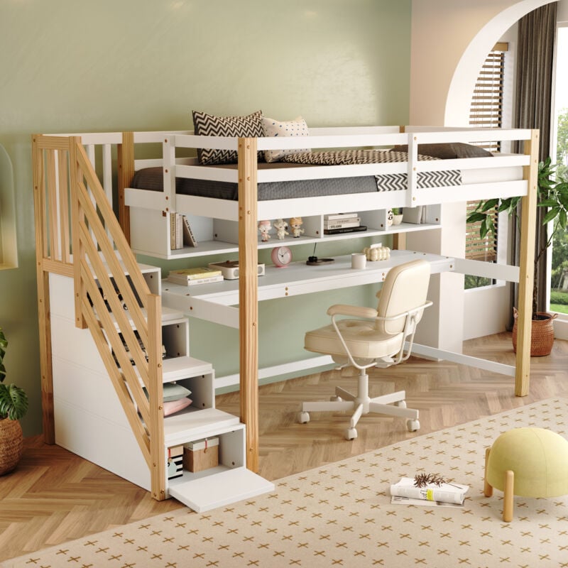 Lit mezzanine 90x200 cm, cadre de lit en bois, lit enfant avec bureau, compartiment de rangement ouvert, escalier avec espace de rangement, sans
