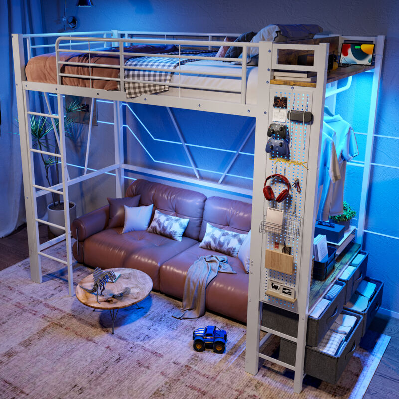 Lit mezzanine 90x200 cm con LED structure en fer avec étendoir étagères 4 tiroirs prises USB et Type-C blanc(Sans matelas)