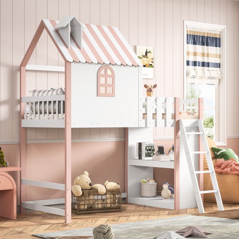 Dans Les Nuages - Lit mezzanine 90x200 cm, design couleurs glacerie, avec escalier, étagères de rangement, sommier à lattes en bois, clôture de