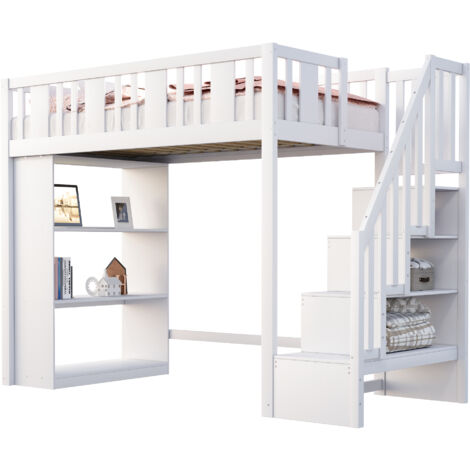 Lit mezzanine 90x200 cm en bois blanc avec escalier de rangement, barrières de sécurité et sommier à 15 lattes