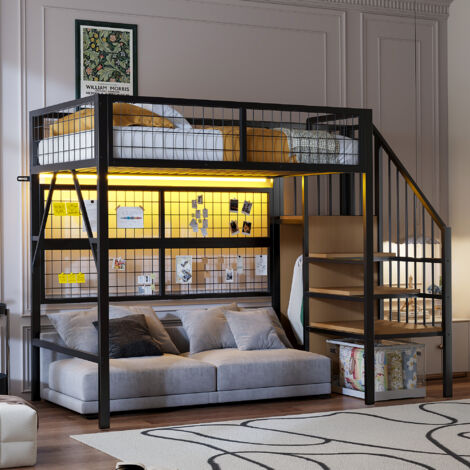 Lit mezzanine 90x200 cm gain de place métal escalier avec rangement noir (Sans matelas)