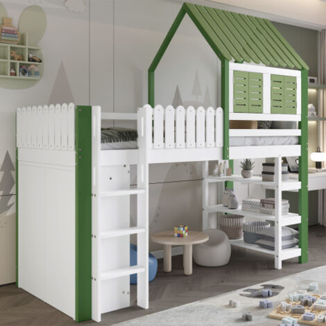 Lit mezzanine 90x200 cm, lit cabane avec barrière de sécurité et étagère de rangement, en bois, blanc et vert, sans matelas