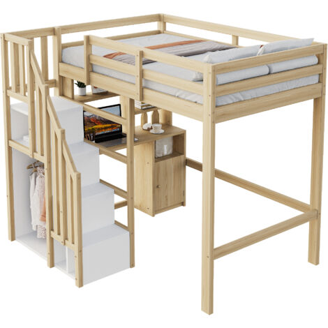 Lit mezzanine 90x200 cm Lit effent avec bureau intégré, rangements et échelle sécurisée - Structure bois massif - pour enfant et adolescent - Natural