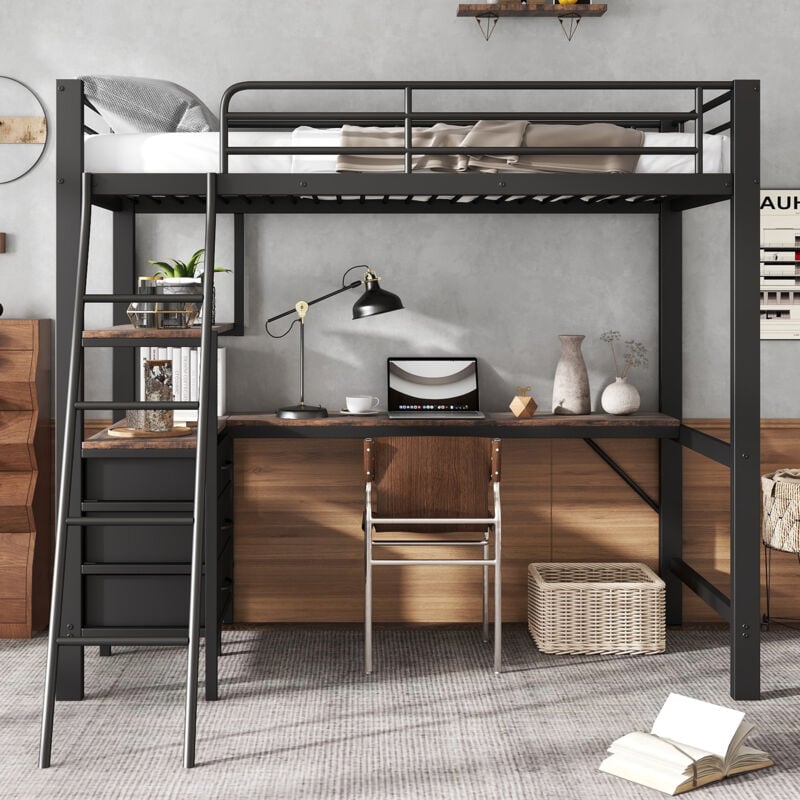 Okwish - Lit mezzanine 90x200 cm lit en fer avec table, titoirs et échelle à 4 marches, pour enfants et ados, fer+aggloméré, noir