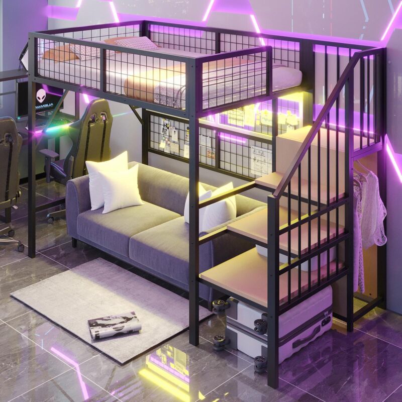 Lit mezzanine 90x200 cm, lit en fer forgé, avec bande lumineuse LED orientable, escalier avec rangement, armoire ouverte, lit superposé en métal, lit