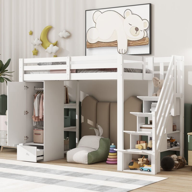 Hauss Spole - Lit mezzanine 90x200 cm, lit enfant avec armoire 1 tiroir, étagères de rangement, escalier de rangement, sans matelas, blanc