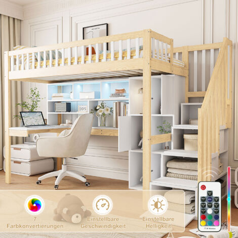 Lit mezzanine 90x200 cm, lit enfant avec bureau et bibliothèque, éclairage LED, échelle de rangement de sécurité et barrière antichute, Bois massif, design, Blanc