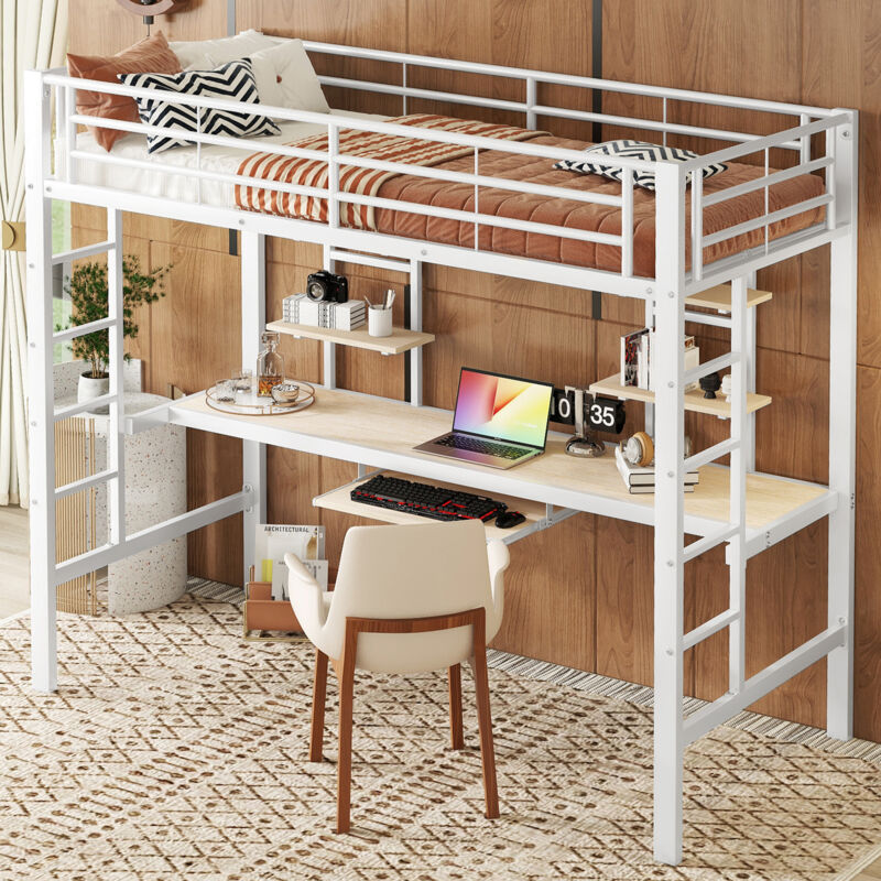 Hauss Spole - Lit mezzanine 90x200 cm, lit enfant avec bureau et étagère de rangement, cadre de lit en métal, lit en fer, sans matelas, blanc