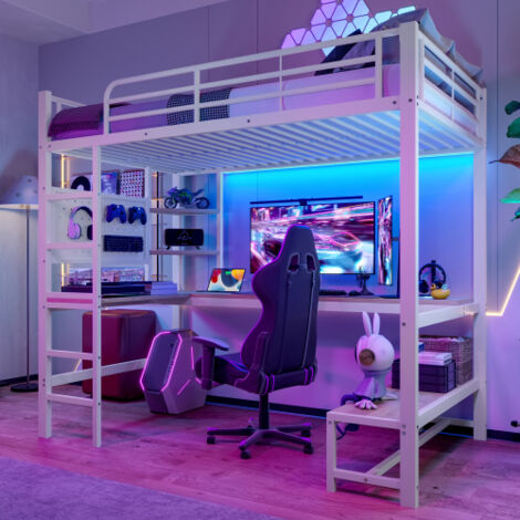 Lit mezzanine 90x200 cm, lit enfant avec bureau, LED, prises USB et Type-C, en métal, blanc, sans matelas