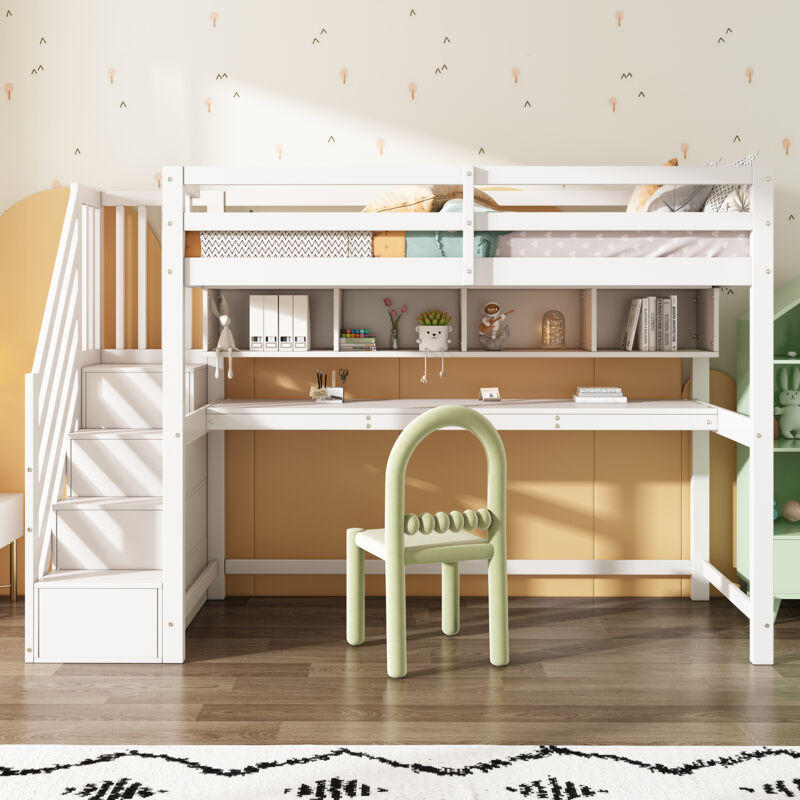 Okwish - Lit mezzanine 90x200 cm lit enfant avec escalier de rangement, grand bureau et étagères, peintures écologiquesbois, en mdf, blanc