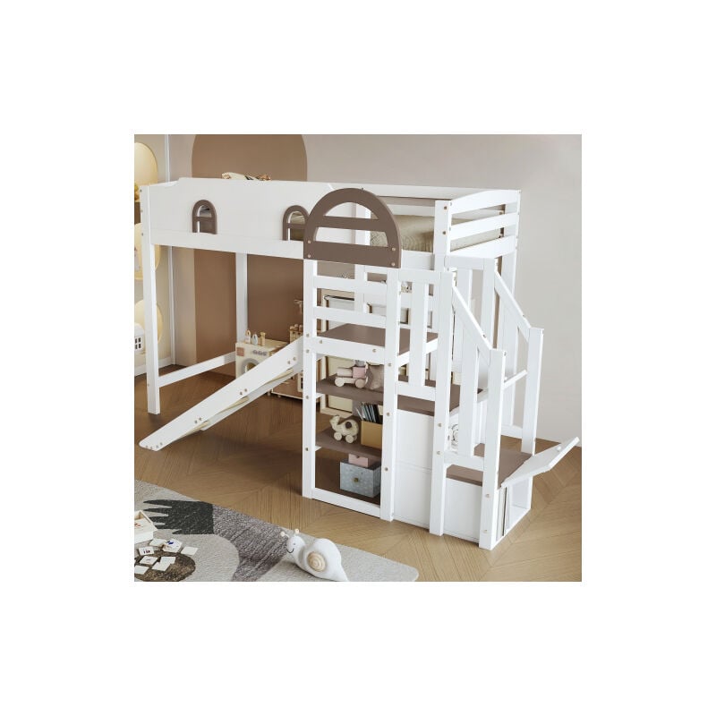 Wishdor - Lit mezzanine 90x200 cm, lit enfant avec fenêtre, toboggan, escalier, armoire d'escalier, étagère de rangement, pin et mdf, blanc et marron