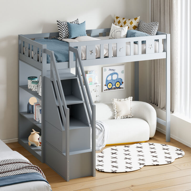 Hauss Spole - Lit mezzanine 90x200 cm, lit enfant, échelle de rangement, étagères de rangement, structure en bois, sécurité et antichute, gris