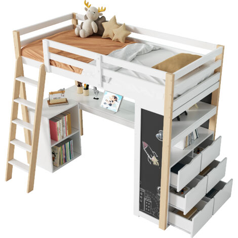 Lit mezzanine 90x200 cm Lit enfant multifonction avec bureau + tableau + rangements intégrés + Échelle - MDF - Blanc
