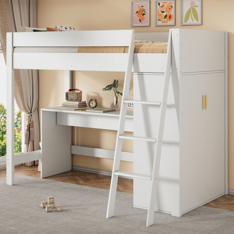 Lit mezzanine 90x200 cm, lit mezzanine enfant avec bureau, échelle, armoire, en bois, sans matelas, blanc