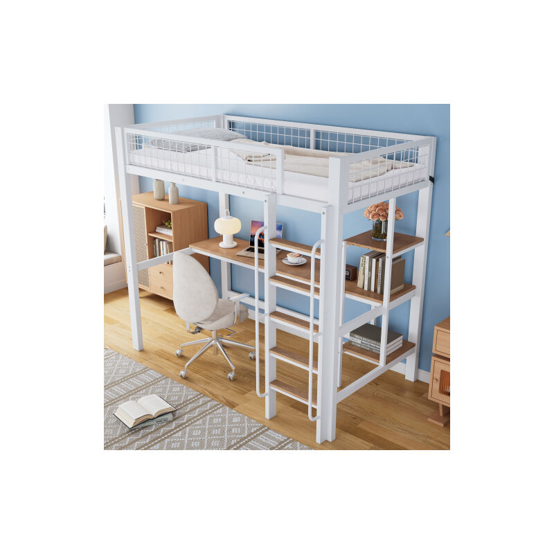 Wishdor - Lit mezzanine 90x200 cm avec table et étagère, échelle 5 marches, barrière de sécurité, sans matelas, blanc et naturel