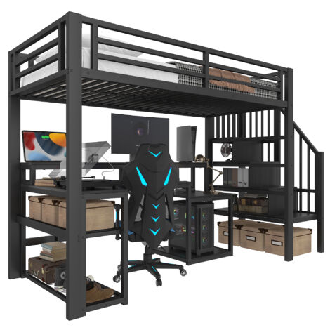 Lit mezzanine 90x200 cm métal noir avec escalier rangement, bureau avec USB et bande LED