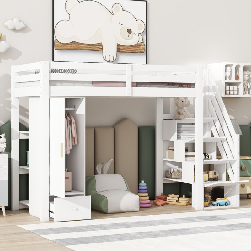 Lit mezzanine, 90x200 cm, sans matelas, balustrade, échelle escamotable, tiroirs, armoire, plusieurs étagères, espace librement combinable selon les