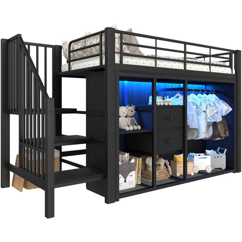 Lit mezzanine 90x200 cm,Lit effent avec LED + dressing + 2 tiroirs + Rangement intégré - Noir