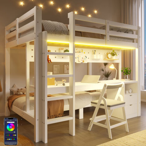 Lit mezzanine 90x200 et 140x200 cm avec LED, Tiroir et Bureau, Lit Enfant en Bois avec Panneau Perforé et Balustrade, Lit en Hauteur Pin, Blanc